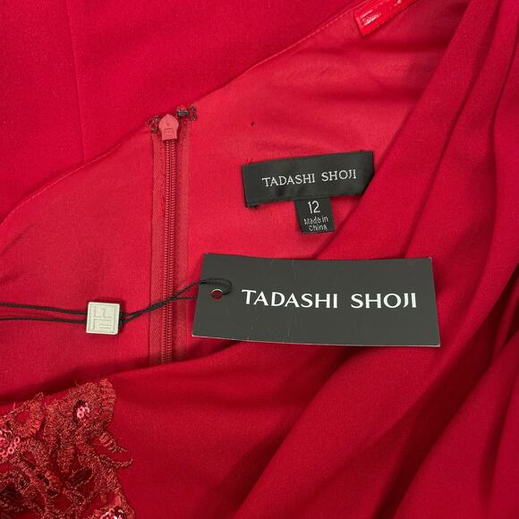 Tadashi Shoji One Shoulder Lace Insert Gown Geranium Red Size 12 - Picture 13 of 15